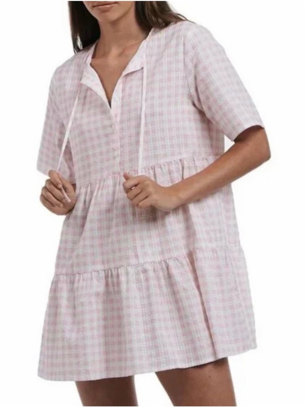 CHARLIE HOLIDAY Pink Gingham Tiered Mini Soft Nap Seersucker Dress Sz 8